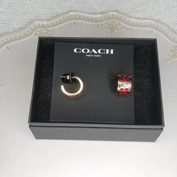 Coach Signature C Huggie Huggy Sparkle Red Gold Enamel Hoop Earrings - Picture 5 of 6